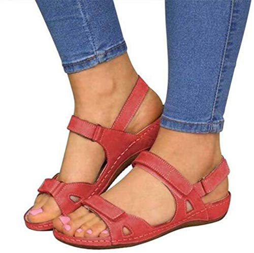 Damen Keil Sandalen Sommer Knöchelriemen Offener Zehe Ledersandalen Atmungsaktiv Keilabsatz Klett Beach Flache Schuhe,Rot,41 Cover