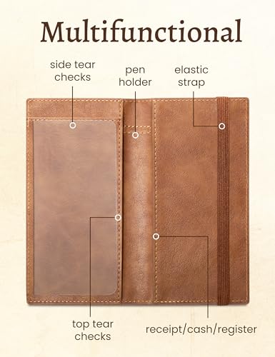 Image of Yarnic Checkbook Cover for Personal Checkbook Holder Light Brown | Check Book Covers with Pen Holder & Built-in Clear Plastic Divider for Duplicate Checks