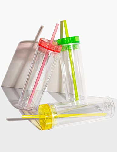 STRATA CUPS SKINNY TUMBLERS 4 Colored Acrylic Tumblers with Lids and Straws | Skinny, 16oz Double Wall Clear Plastic Tumblers With FREE Straw Cleaner & Name Tags! (Multicolor, 4)