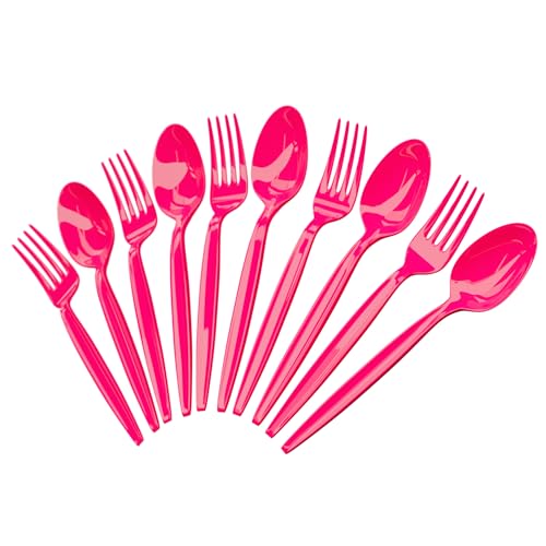 Image of Hot Pink Spoon and Fork Set (50 Each) - Hot Pink Tableware for Parties, Durable Plasticware, Colored Cutleries, Plastic Utensils Set, Disposable Cutlery for Occasion, Party Supplies, Blue Orchards