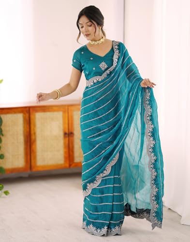 Image of SIRIL Women's Chiffon Scalloped Border Sequins Embroidery Saree with Unstitched Blouse Piece