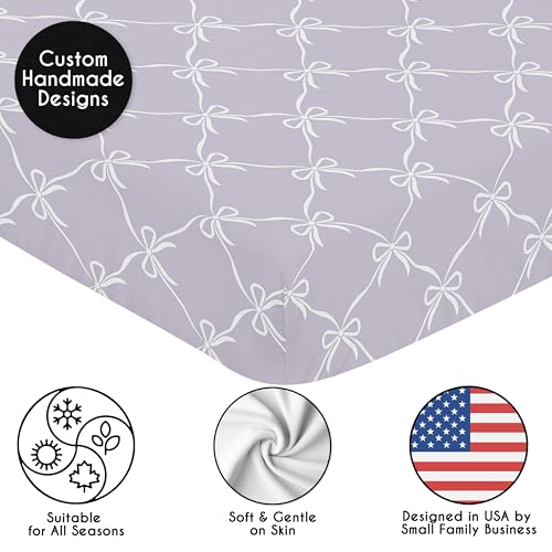 Image of Sweet Jojo Designs Fitted Baby Crib Sheets (White and Purple Bows) for Girls, Infant Nursery, Toddler Room - Standard Size (Lavender Bow for Shabby Chic, Ballet, Dancer, Ballerina Princess Collection)