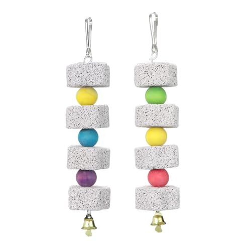 2Pcs Parrot Bird Chewing Toy, Bird Beak Grinding Stone with Bell, Lava Block Calcium Supplement Food for African Greys Amazon Conure Eclectus Budgies Parakeet Cockatiel Hamster Chinchilla Rabbit