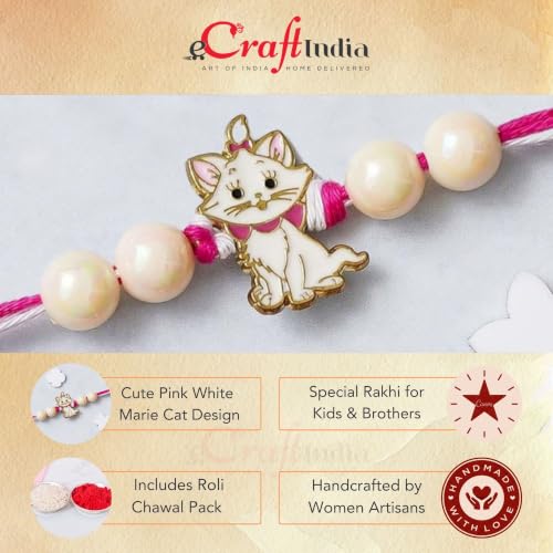 Image of eCraftIndia Pink and White Marie Cute Cat with Beads Designer Pet Rakhi For Brothers, Kids, Bhai | Raksha Bandhan Rakhi with Roli Chawal