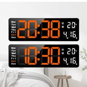 Image of 15-Inch Digital Wall Clock with Large LED Display - Remote Control, Auto-Dimming, Night Light, Date, Day, Temperature, DST Function - Ideal for Living Room, Bedroom (Orange & White)