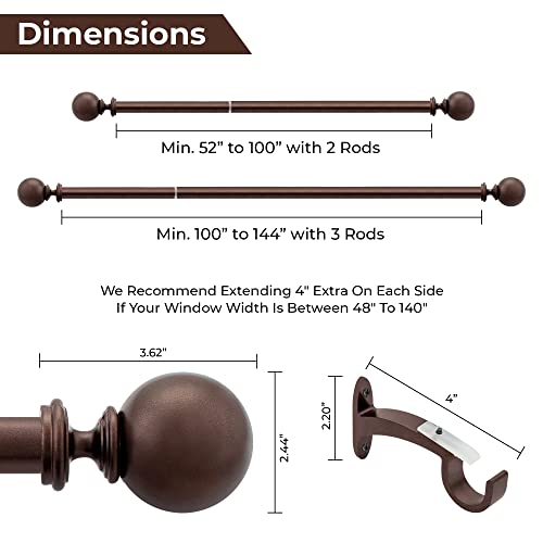 Image of Deco Window 52 to 144 Inch Adjustable Curtain Rod for Window & Door with Ball Finials Extendable Iron Pole for Home Hotel Living Drawing Room (1 inch Diameter, Brown)