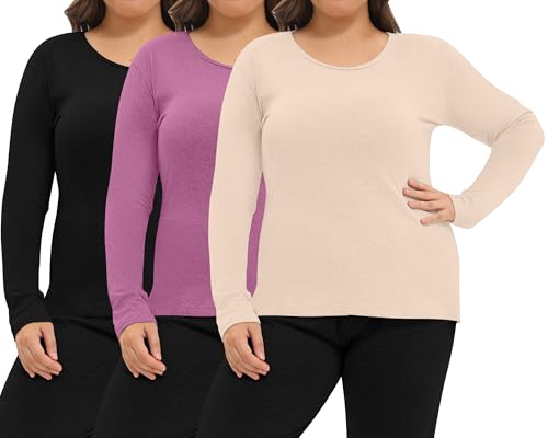 Patelai 3 Pack Women Plus Size Long Sleeve Thermal Shirts Undershirt Fleece Lined Underwear Top Women Crew Neck Base Layer