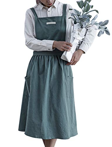 TOCONFFON Japanese Vintage Cute Apron Dress Cross Back Pinafore Apron for Women with 2 Pockets for Cooking Painting Gardening(Grey Green,Regular Size)