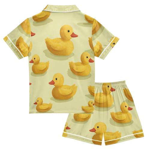 Satin Pajama Sets Short Sleeve Yellow Rubber Ducks Pattern Button Down Silky Nightwear 2 Piece PJS 5-14Y2