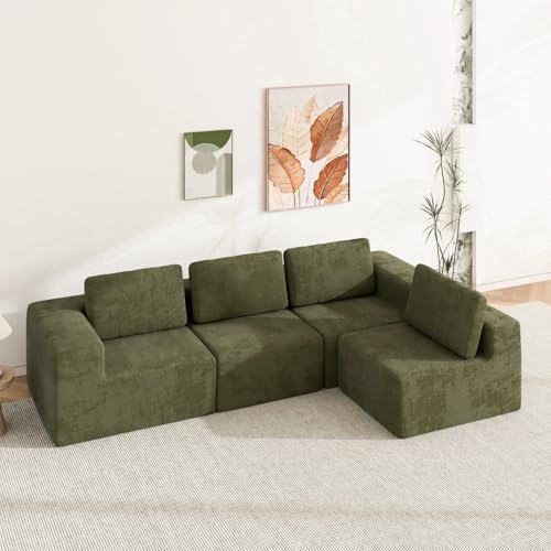 Advwin 340cm 4 Seater Sofa, Convertible L Shaped Sofa Chenille Fabric Modern Modular Sectional Couch No Assembly Sponge Modular Sofa Green for Bedroom Living Room