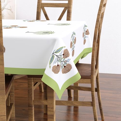Image of BLOCKS OF INDIA Hand Block /Batik Print Rectangular Table Cloth for 6 Seater Dining Table (60 Inch X 90 Inch)(Open Green Motifs)