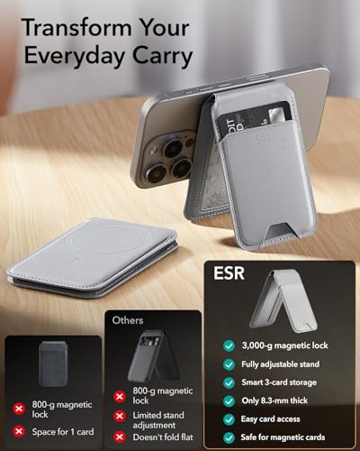 ESR Magnetic Wallet, Compatible with MagSafe Wallet with Adjustable Stand, for iPhone 17/1615/14/13/12, Google Pixel 10, Not for iPhone 13/12 mini, 3 Card Holder, Vegan Leather, Grey
