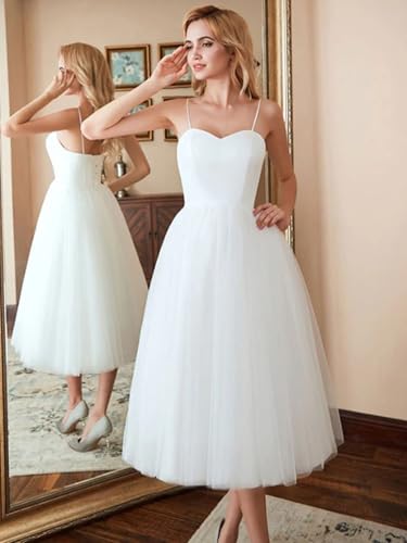 Image of Simple Tulle Short Wedding Dresses for Bride Elegant Spaghetti Straps Tea Length Bridal Shower Dress for Women