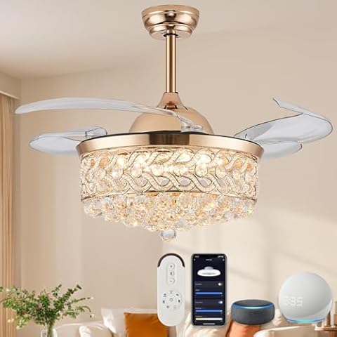 DuMaiWay Crystal Chandelier Fan - Golden 36" Smart Ceiling Fan with Light and Remote Alexa WiFi Fandelier Retractable Dimmable for Bedroom Living Room Modern Cover