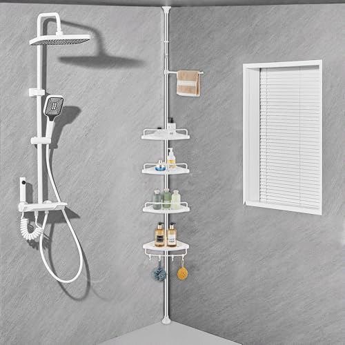 Generico Cestello doccia telescopico con 4 vassoi, 4 ganci e 1 asta porta asciugamani regolabile per l'organizzazione del bagno, Antiruggine, adatto per soffitti da 70 a 330 cm di altezza, bianco