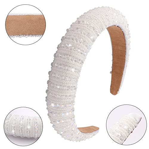 Wecoe White Headband Beaded Headband Women Rhinestone Headband Fashion Fancy Bling Sparkle Crystal Diamond Padded Headband Cute Hair Bands Birthday Wedding Holiday Hair Accessories For Women Girls #TOP1