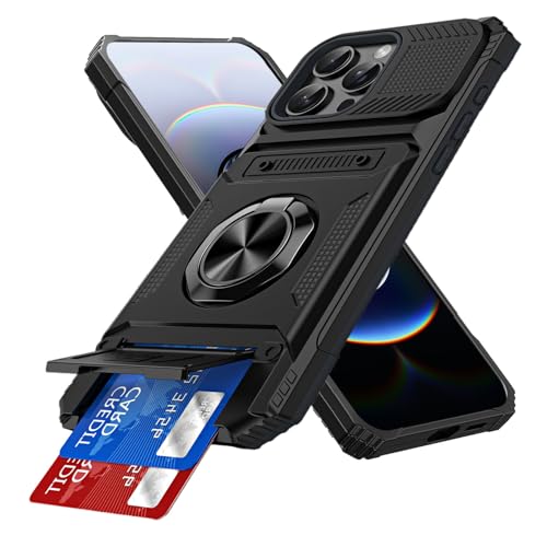 IMEIKONST for iPhone 15 Pro Max 6.7 Case with Card Holder Camera Protection Cover & Magnetic Ring Kickstand Rugged Hard PC Back Shockproof Phone Case for iPhone 15 Pro Max. Black TCKB