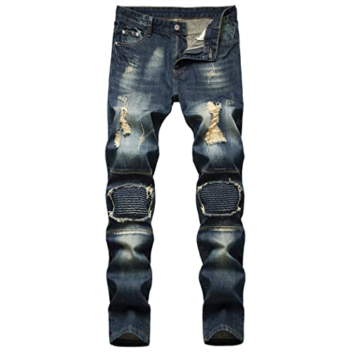 Men's Fashion Stretch Straight Ripped Distressed Jeans Sim Fit Destroyed Jeans Pants Streetwear