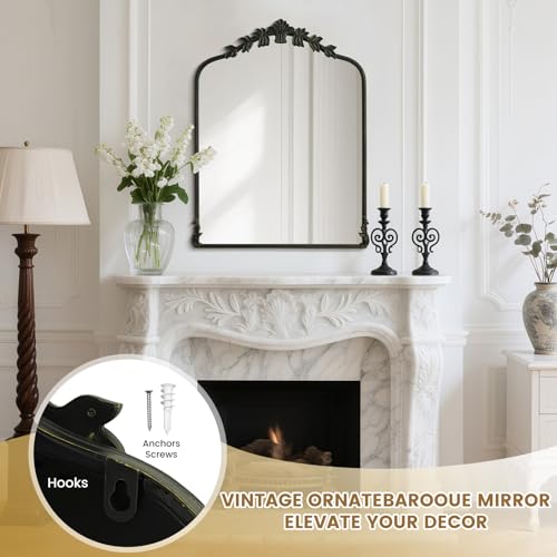 Image of WallBeyond Black Antique Mirror for Vanity 28x36 Inch, Black Vintage Mirror with Ornate Frame, Arched Vintage Wall for Bathroom, Living Room, Fireplace