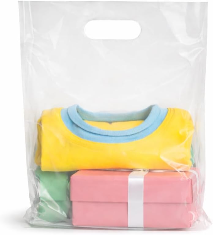 Retail Plastic Merchandise Bags, Die Cut Handles, Strong, Tear Resistent, different Sizes and Colors. Perfect for Retail Stores, Parties or Any Events. Packs 100/200/500 (100, Clear, 9x12)