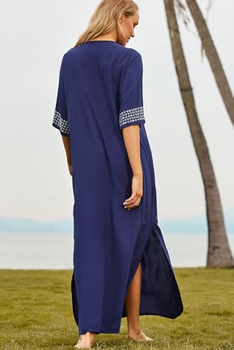 L-Peach Women's Kimono Long Dress Maxi Kaftan Summer Beach Boho Cover up Tops Dark Blue - Image 3