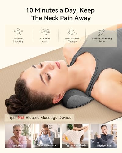 Heated Neck Stretcher for Pain Relief - Neck and Shoulder Relaxer Graphene Heated Cervical Traction Device Neck Pillow Corrector Chiropractic for TMJ Pain Relief and Cervical Spine Alignment Grey