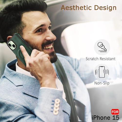 Image of TheGiftKart Genuine Leather Finish Back Cover Case for iPhone 15 | Shockproof Design | Raised Edges for Camera & Screen Protection | Stunning Minimalist Design Case Cover (MagSafe Compatible, Green)