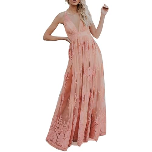 Dokotoo Womens 2024 Formal Dresses Plunging V-Neck Embroidered Floral Lace Mesh Velvet Maxi Dress