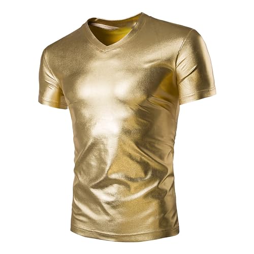 Generisch Camiseta para hombre con superficie brillante, camiseta interior de manga corta, camiseta interior metálica, cuello redondo, camiseta de rendimiento, disfraz de club nocturno, camiseta