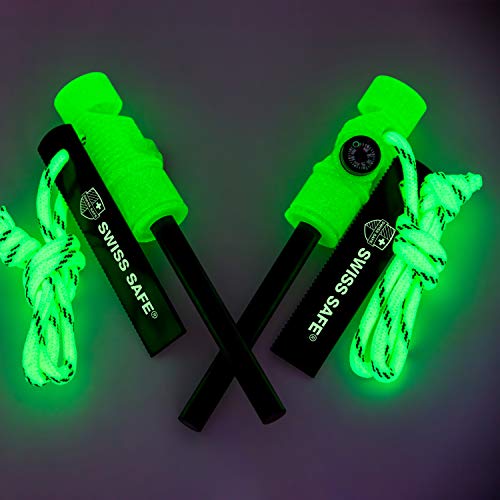 Swiss Safe 5-In-1 Fire Starter With Compass, Paracord And Whistle (2-Pack) For Emergency Survival Kits, Camping, Hiking, All-Weather Magnesium Ferro Rod (Glow In The Dark Green) #TOP4