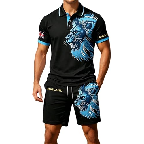 Image of Retro Football Shirts for Men, Men's England Football Shirt&Short 2026 Shirts + Shorts Set Polo Soft Tops Breathable Poloshirt Comfortable Jersey Men Stretchy Mens Soccer Clothing Black M