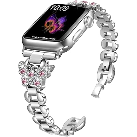 SaNgaiMEi Strap Compatible for Apple Watch 38mm 40mm 41mm 42mm 44mm 45mm Women Apple Watch Strap Diamond Stainless Steel Compatible with Apple Watch Series 7/6/5/4/3/2/1/SE Apple Watch Bracelet Cover