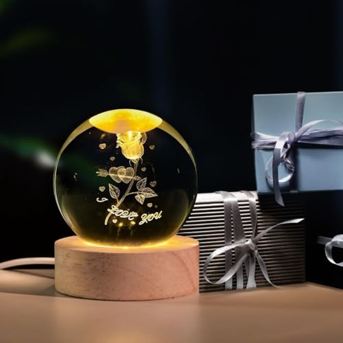 Image of STARKENDY 3D Rose Crystal Ball LED Night Lamp, Creative Engraved Night Light Wooden Base, Warm White Decorative Table Lamp for Home, Office, Bedroom, Birthday Gift