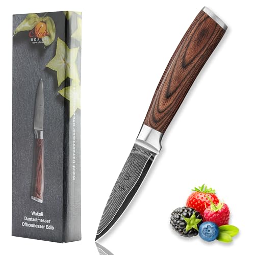 WAKOLI Edib Couteau d'office en Damas I Lame tranchante de 8,5 cm en acier damassé à 67 couches avec noyau VG10 et manche en bois de pakka I Couteau de...