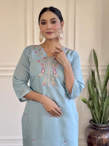 Image of Shiv Textiles Women's Chanderi Silk Embroidered Kurta Pant Dupatta Set(JDA-PARITA-SkyBlue-XL)
