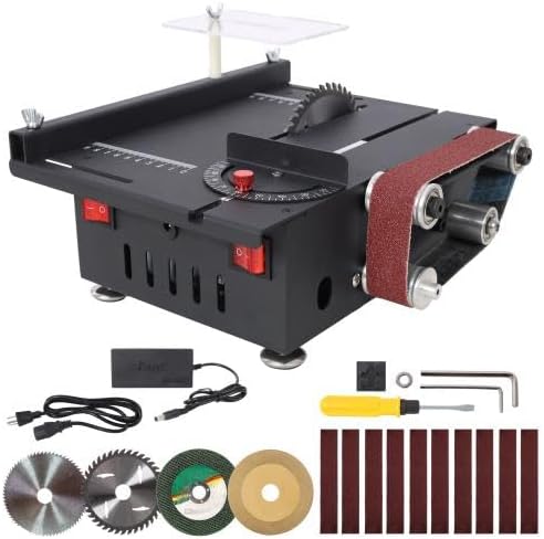【LuckyNote】Mini Table Saw,Belt Sander,4pcs Blades,10pcs Sanding Blet,7 Gear Adjustable 0-90° Angle, Available for Wood/PCB/Acrylic/Plastic,DIY Model Crafts Cutting Tool,10x11.5x4 Inches