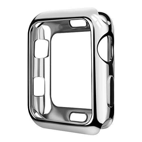 SMEECO Case for iWatch 42mm Series 3 Series 2 Series 1 Apple Watch Cover iWatch Case Metaliz Hood Flexible Clear Soft TPU Lightweight Protective Pretector Cover-Shiny Silver