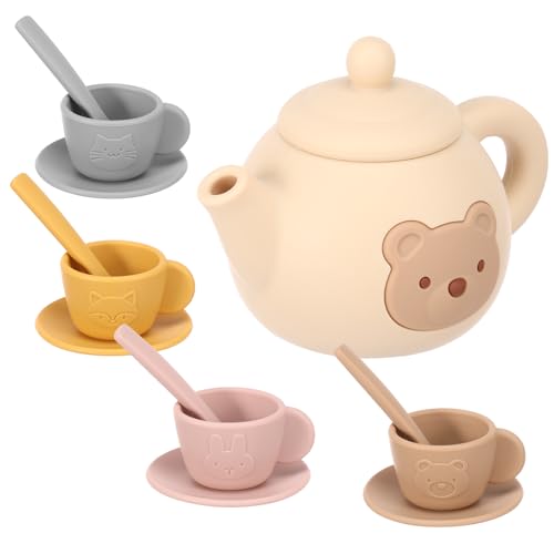 Silicone Tea Set for Toddlers,Afternoon Tea Party Playset,14PCS,Gift for Ages 2+ Baby Girl Boy,Kid Character Enactment Picnic,Outdoor Play Mud Kitchen Accessories,Toy Cup and Teapot(14PCS)