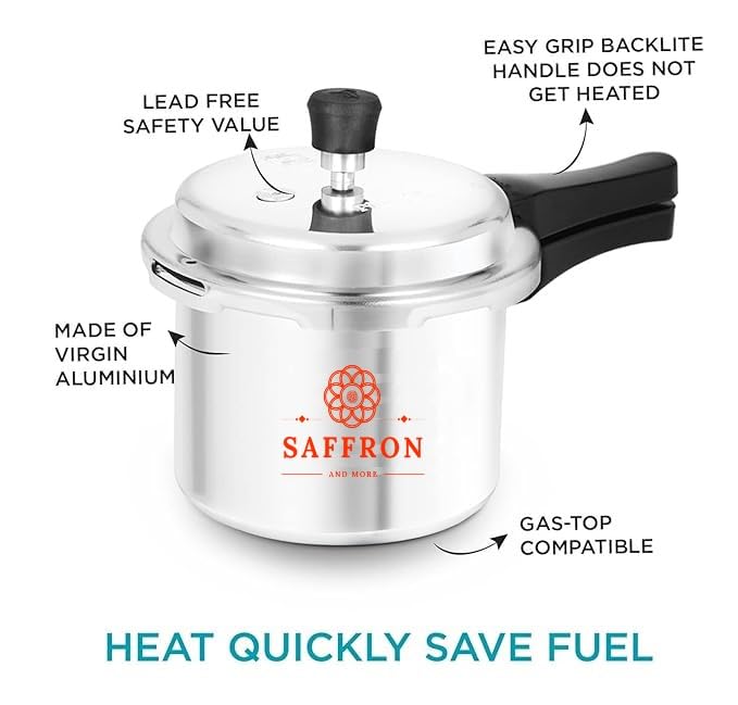 Image of Saffron Aluminium Outer Lid Pressure Cooker - 5 ltr Cooker with 3 Ltr Pressure Pan (Common Lid) (Silver, 5+3 ltr)