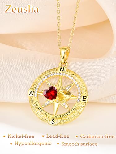 Compass Birthstones Necklace for Women, Exquisite Anniversary Birthday Gifts for Wife Sterling Silver Compass Necklace Double Birthstone Pendant jewelry ‘I'd be Lost Without You’2