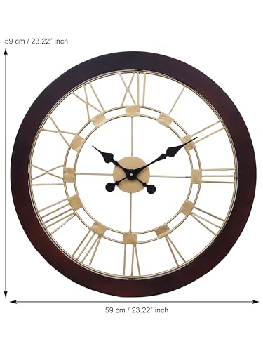 Image of CHRONIKLE Elegance Round Rosewood Wooden Wall Hanging Clock Analog Roman Numerals Golden Dial Iron for Home Office Decor Living Room Bedroom (Size: 59 x 4.5 x 59 CM | Weight: 3010 Gram)