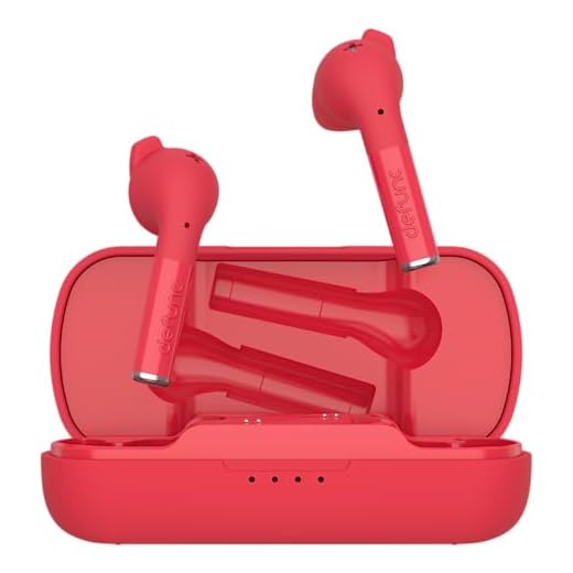 Defunc True PLUS Bluetooth 5.0 trådlösa hörlurar med trådlöst laddningsfodral IPX4 vattentäta TWS stereohörlurar i örat inbyggt mikrofon USB-C laddning enorm 35 timmars batteritid (röd)