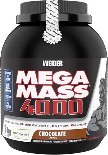 Weider Mega Mass 4000 - Weight Gainer Pulver mit 48g Protein & Kreatin pro Portion - Für Muskelaufbau & hohe Kalorienaufnahme - 3kg - Schokolade