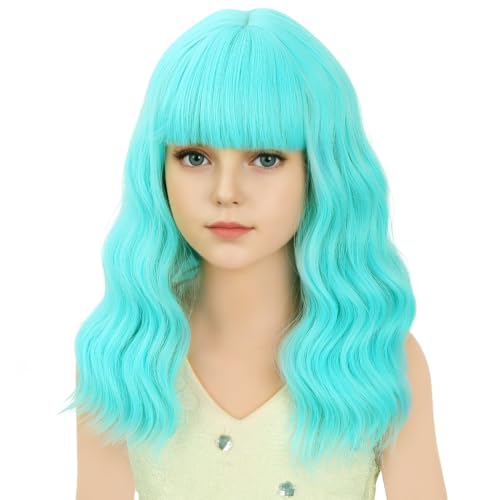 Image of Light Blue Wig Short Blue Wavy Curly Wigs Wig with Air Bangs Synthetic Cosplay Hair Wigs