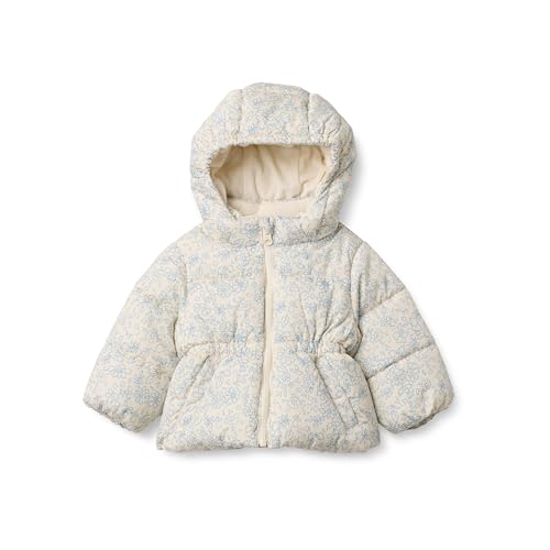 Amazon Essentials x Sofia Grainge Toddler Girls' Water-Resistant Hooded Puffer Jacket, Ivory Dusty Blue Outlined Blooms, 4T