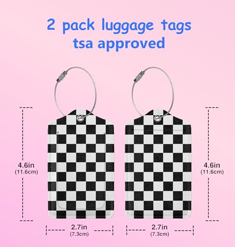 2P Black White Plaid Lines Race Grid Checkered Flag Luggage Tags Privacy Cover ID Label with Stainless Steel Loop and Address Card for Travel Bag Suitcase Funny Cute Man Women Kids2