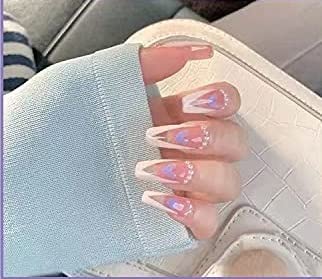 Valentines Long Press On Nails T-Shaped Purple Peach Heart Pearl V-Shaped French False Nails 24 Pcs #TOP9