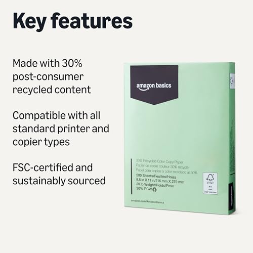 Image of Amazon Basics 30% Recycled Color Copy Paper, 8.5 inch x 11 inch, 20lb, Pastel Green, 500 Sheets