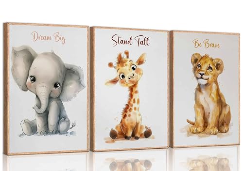 Image of 3 Pcs Safari Nursery Canvas Wall Art Kids Cute Inspirational Animal Lion Giraffe Elephant Painting Picture Wall Decor Poster Print Artwork for Baby Boys and Girls Room Home Decoration Unframed