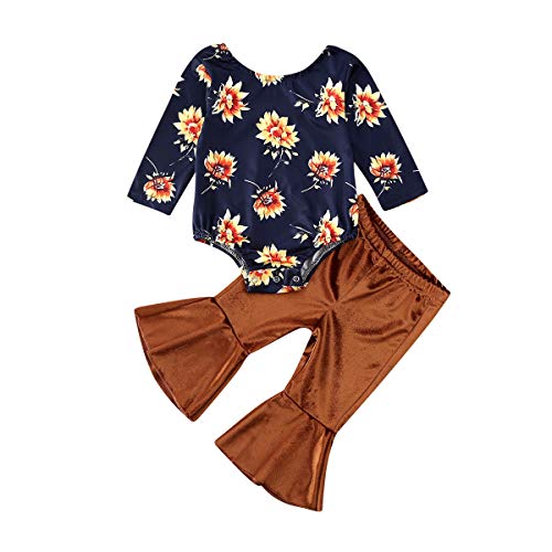 MSDMSASD Toddler Baby Girls Leopard Outfits Ruffle Crop Tops Shirt Tops Leopard Flare Long Pants Clothes Set (Brown Yellow, 6-12 M)